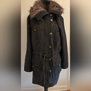 Lane Crawford Womens Gray Wool Blend Coat With Faux Fur Collar XL